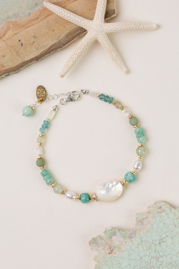 Serenity 7.5-8.5" Freshwater Pearl, Amazonite With Faceted Mother Of Pearl Collage Bracelet