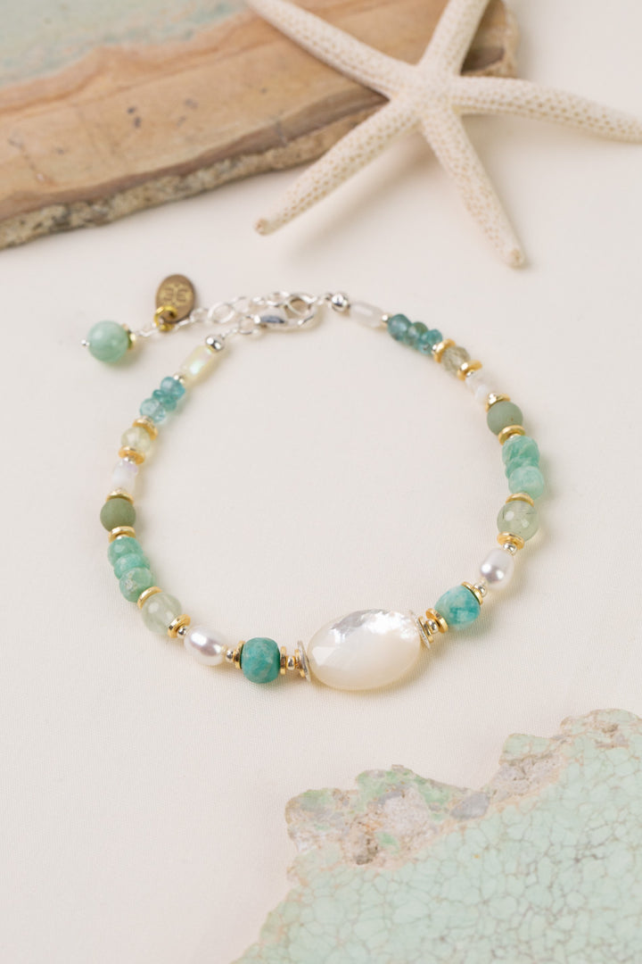 Serenity 7.5-8.5" Freshwater Pearl, Amazonite With Faceted Mother Of Pearl Collage Bracelet