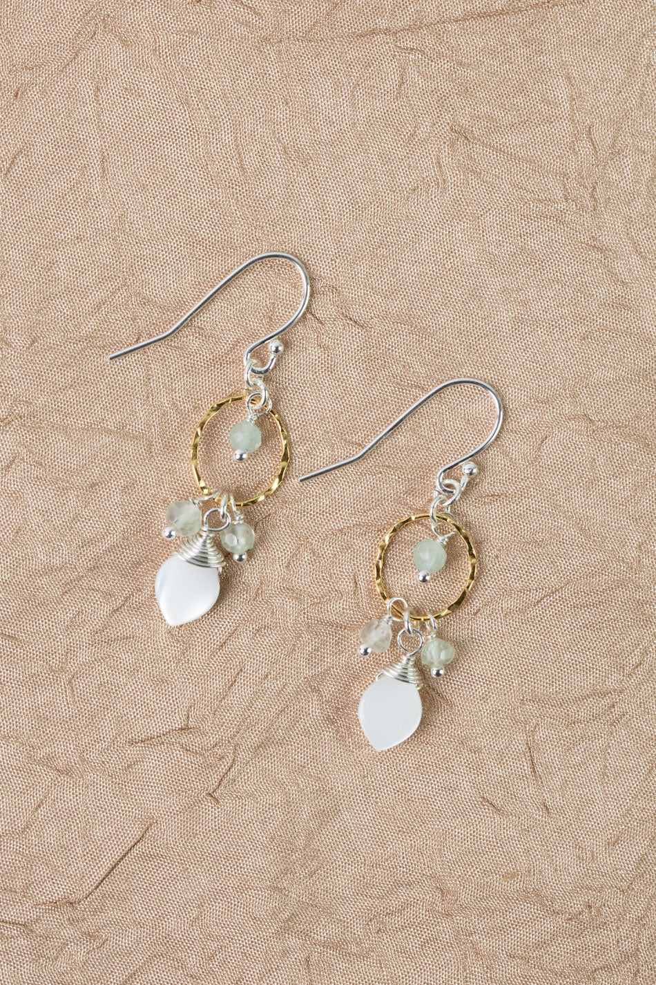 Serenity Aquamarine, Prehnite With Smooth Mother Of Pearl Teardrop Cluster Earrings