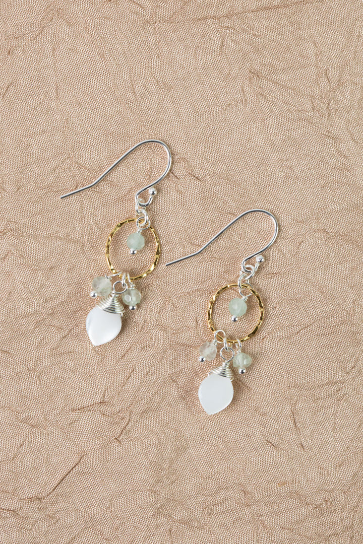 Serenity Aquamarine, Prehnite With Smooth Mother Of Pearl Teardrop Cluster Earrings