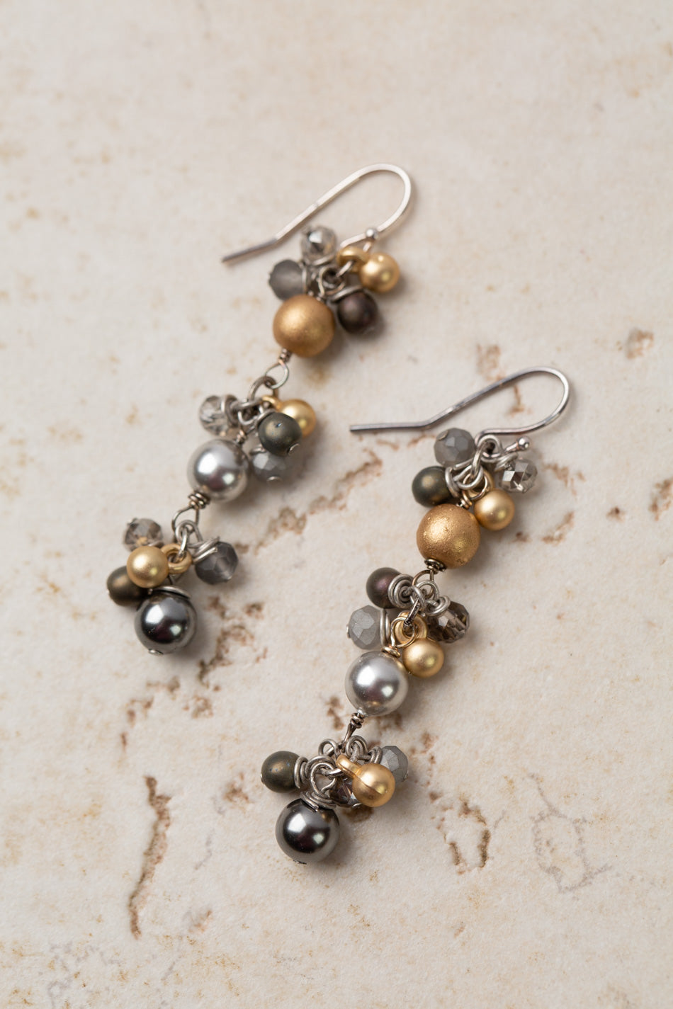 Silver & Gold Crystal, Czech Glass And Swarovski Glass Pearl Dangle Earrings