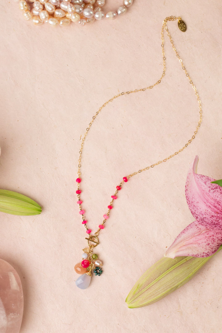 Splendor 17.5" Blue Lace Agate, Fuchsia Jade, Rainbow Moonstone Cluster Necklace