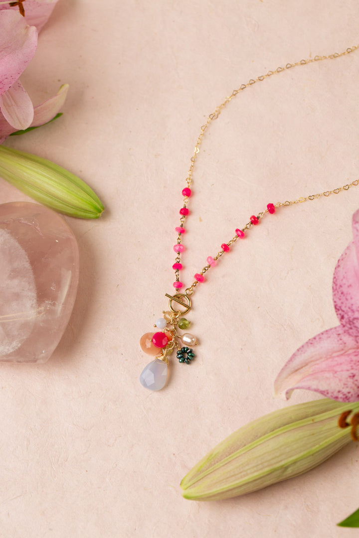 Splendor 17.5" Blue Lace Agate, Fuchsia Jade, Rainbow Moonstone Cluster Necklace