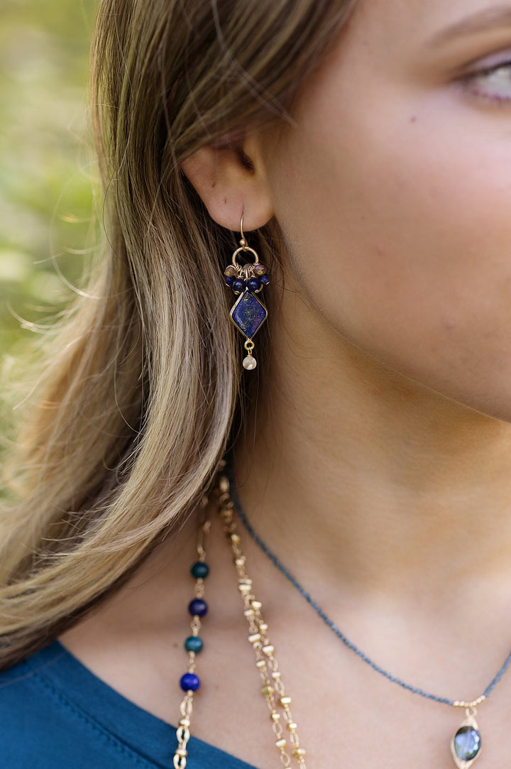 Starry Night Mother Of Pearl, Golden Labradorite Cluster Earrings