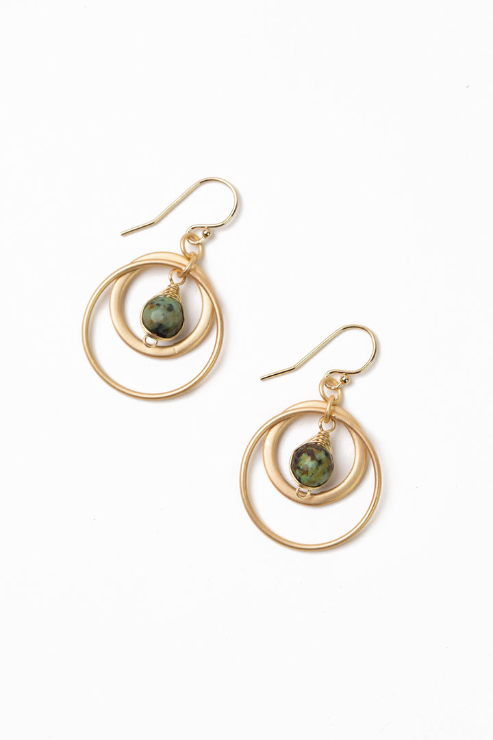Tranquil Gardens African Turquoise Matte Gold Hoop Earrings