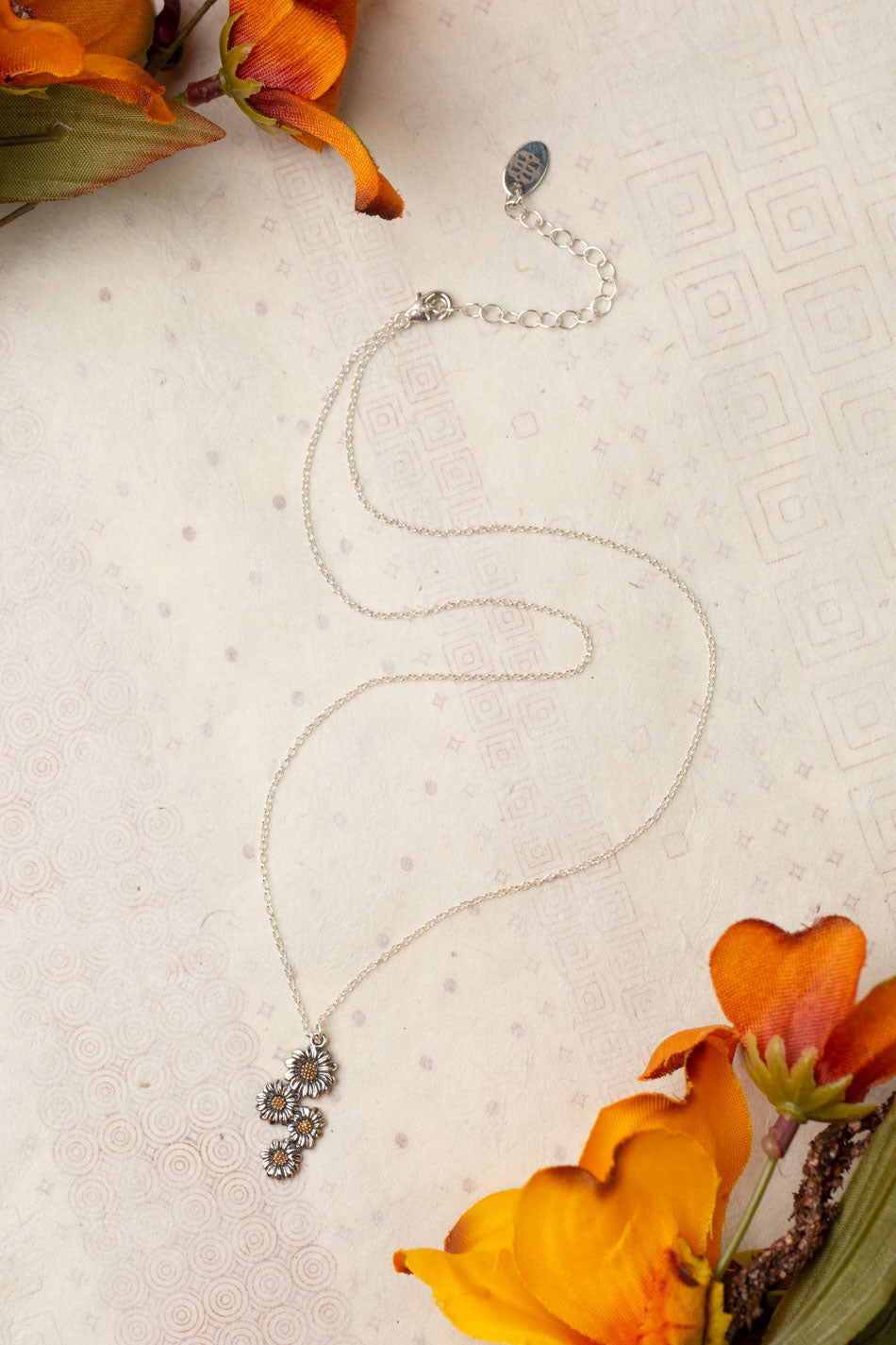 Thrive 16-18" Stacked Sterling Silver Daisy Flowers With Bronze Detail Simple Necklace