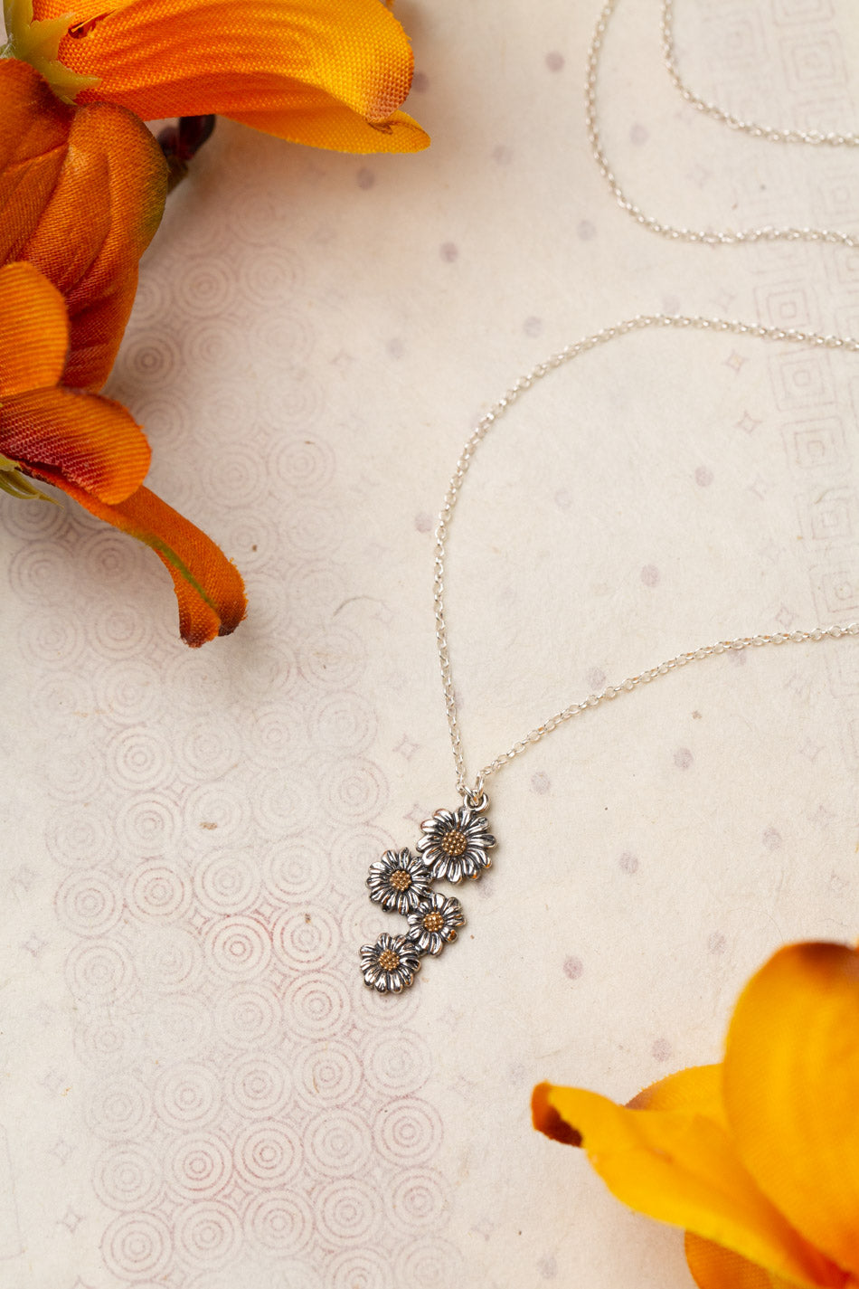 Thrive 16-18" Stacked Sterling Silver Daisy Flowers With Bronze Detail Simple Necklace