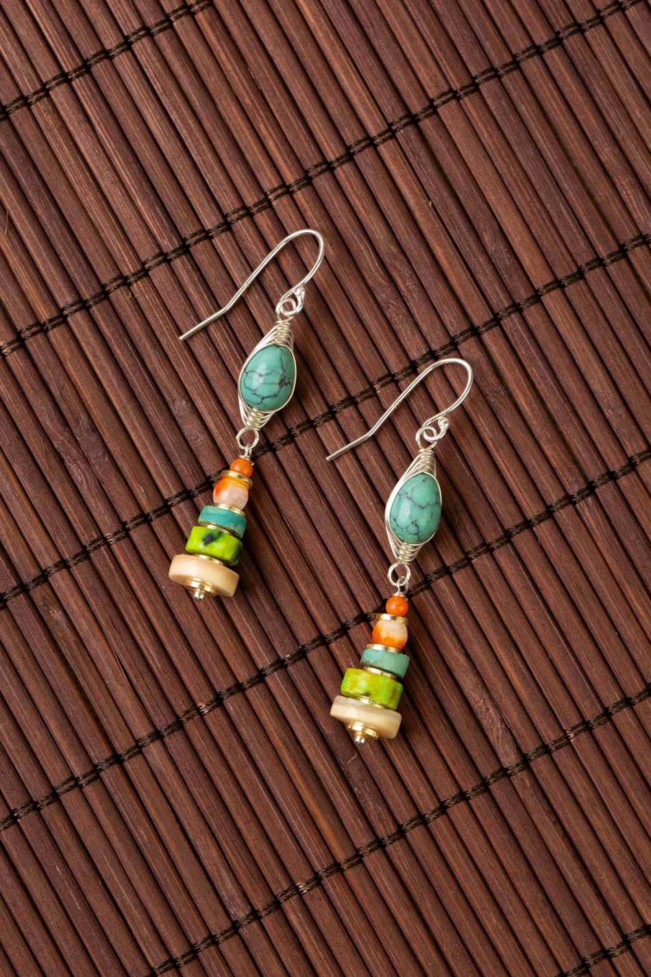 Tropical Dream Turquoise, Spiny Oyster, Shell Herringbone Earrings