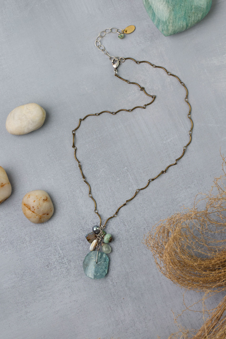 Venetian Dreams 17-19" Freshwater Pearl, Abalone Shell, Amazonite With Roman Glass Cluster Necklace