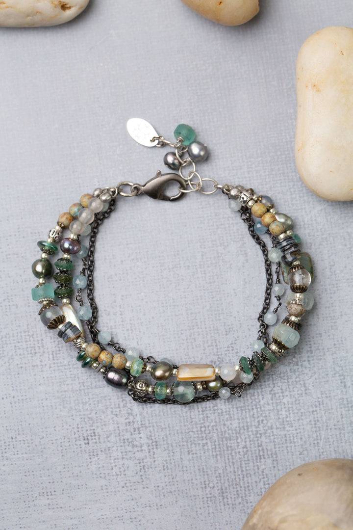 Venetian Dreams 7.5-8.5" Aquamarine, Roman Glass, Fluorite, Czech Glass, Freshwater Pearl Multistrand Bracelet