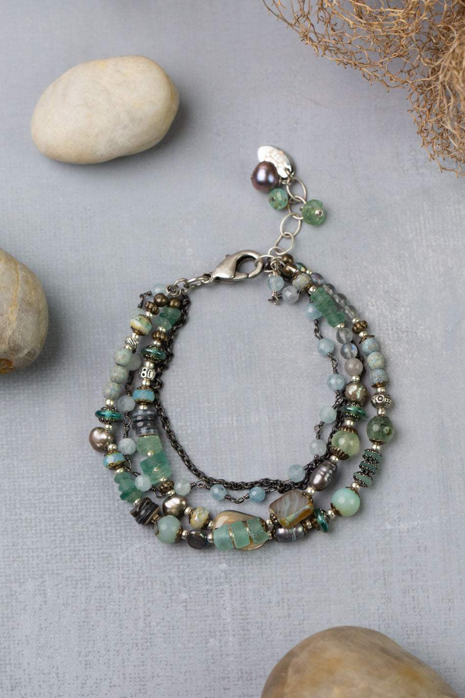 Venetian Dreams 7.5-8.5" Aquamarine, Roman Glass, Fluorite, Czech Glass, Freshwater Pearl Multistrand Bracelet