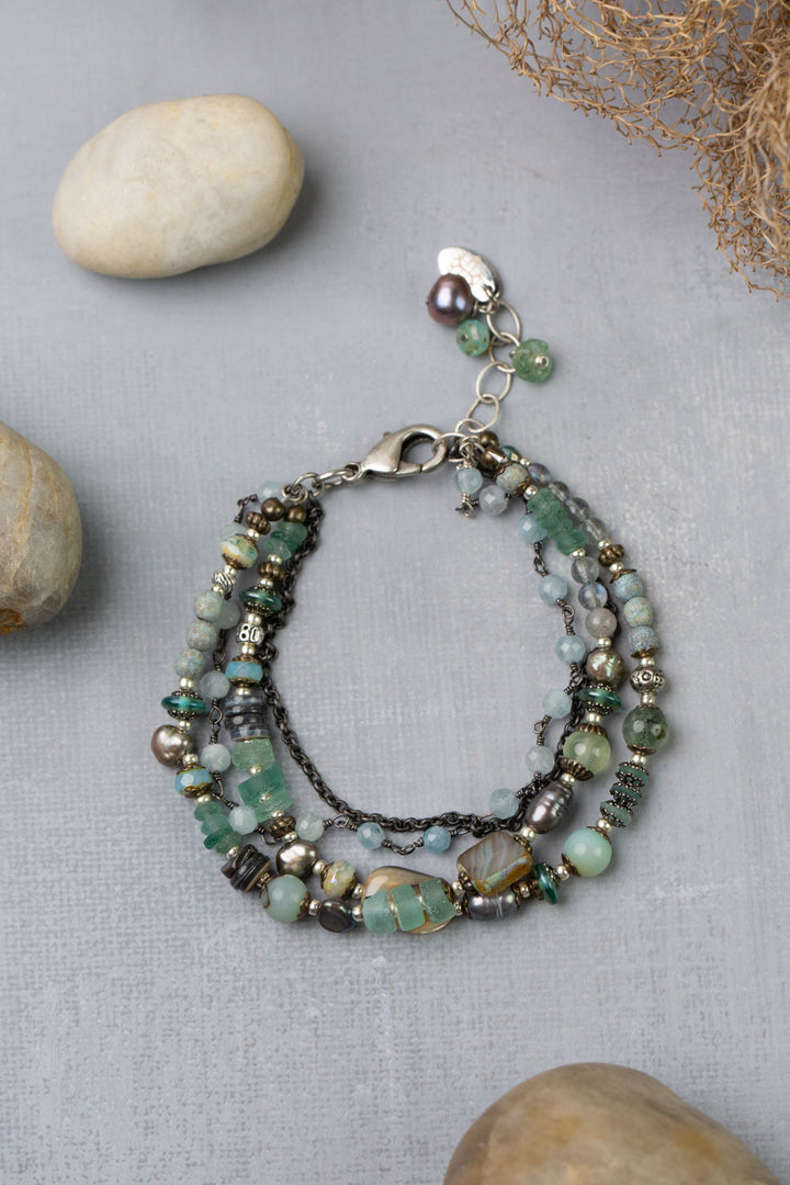 Venetian Dreams 7.5-8.5" Aquamarine, Roman Glass, Fluorite, Czech Glass, Freshwater Pearl Multistrand Bracelet