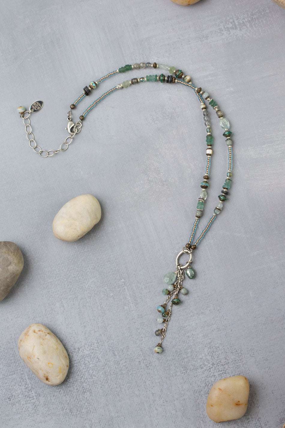 Venetian Dreams 17.5-19.5" Roman Glass, Labradorite, Czech Glass With Aquamarine Tassel Necklace