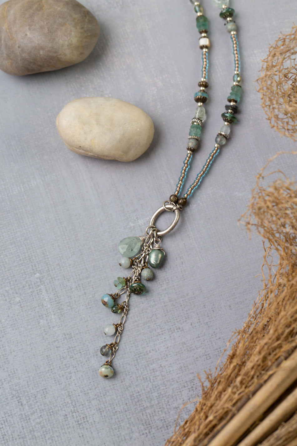 Venetian Dreams 17.5-19.5" Roman Glass, Labradorite, Czech Glass With Aquamarine Tassel Necklace