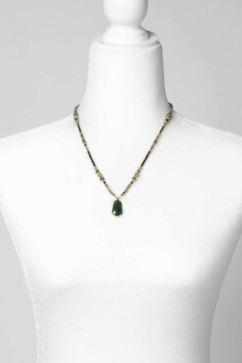Verdant 18-20" Labradorite, Malachite, Freshwater Pearl With Emerald Collage Necklace