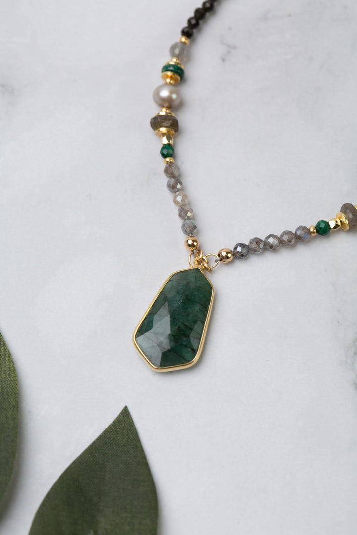 Verdant 18-20" Labradorite, Malachite, Freshwater Pearl With Emerald Collage Necklace