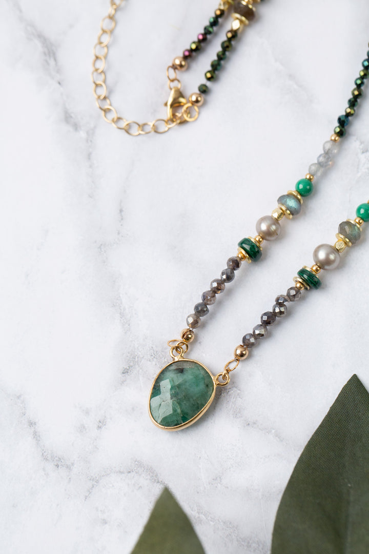 Verdant 16-18" Moonstone, Malachite, Freshwater Pearl With Emerald Gold Filled Bezel Collage Necklace