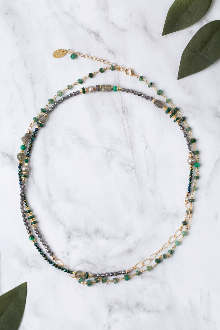 Verdant 35-37" Malachite, Freshwater Pearl, Labradorite Collage Necklace