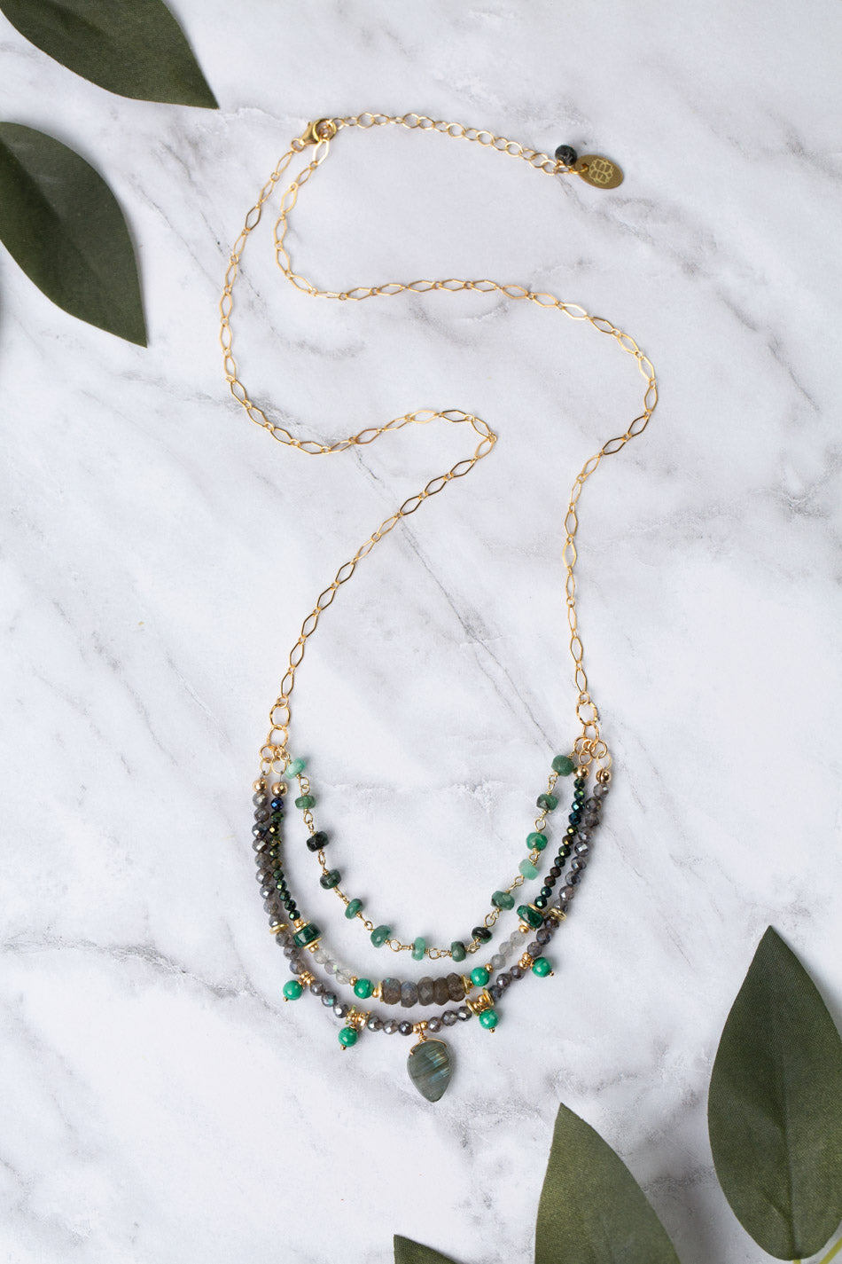 Verdant 17-19" Gold Plated Emerald Slab Cut Pendant Multistrand Necklace