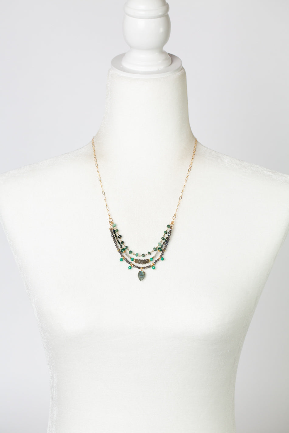 Verdant 17-19" Gold Plated Emerald Slab Cut Pendant Multistrand Necklace