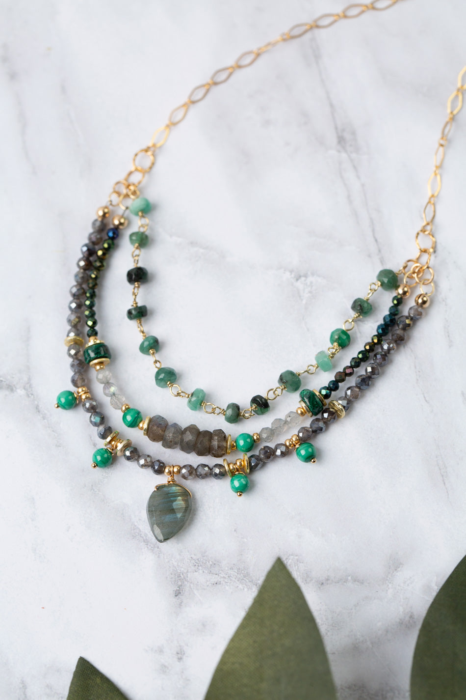 Verdant 17-19" Gold Plated Emerald Slab Cut Pendant Multistrand Necklace