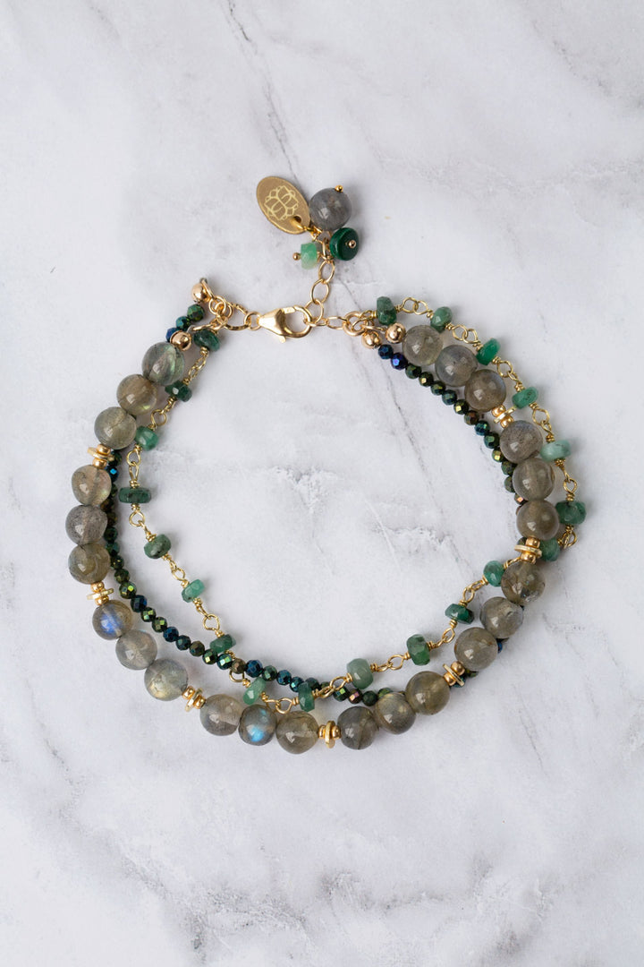 Verdant 7.5-8.5" Emerald, Labradorite, Plated Faceted Pyrite Multistrand Bracelet