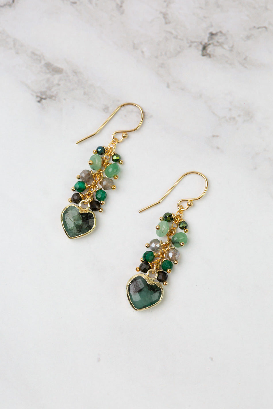 Verdant Labradorite, Pyrite With Gold Plated Emerald Heart Cluster Earrings