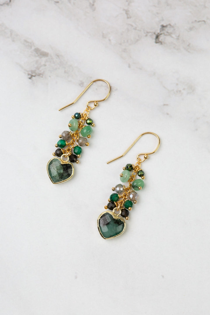 Verdant Labradorite, Pyrite With Gold Plated Emerald Heart Cluster Earrings