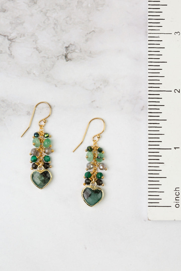 Verdant Labradorite, Pyrite With Gold Plated Emerald Heart Cluster Earrings