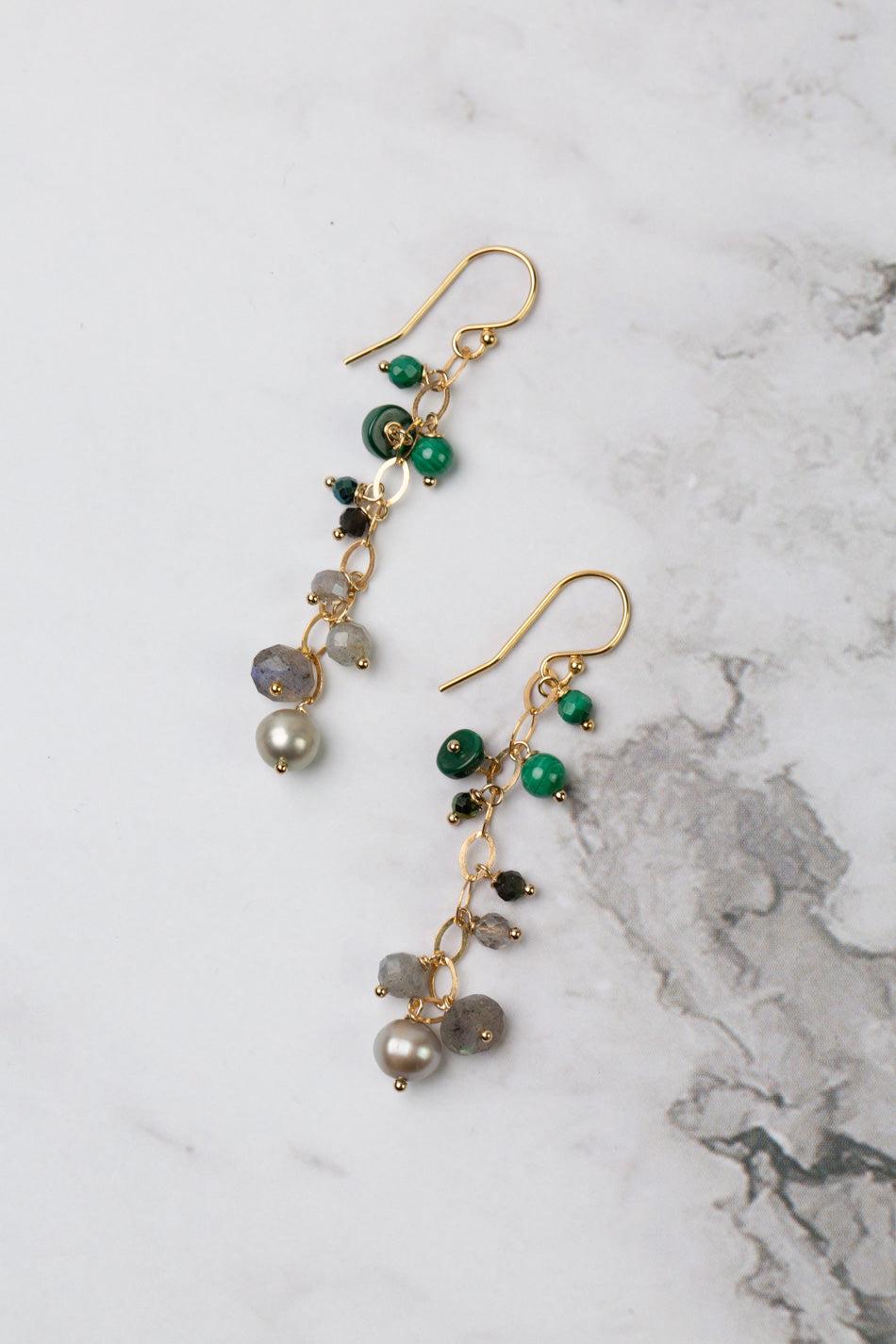 Verdant Malachite, Labradorite, Freshwater Pearl Cluster Earrings