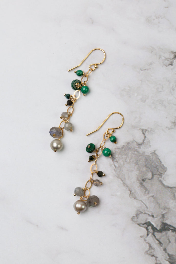 Verdant Malachite, Labradorite, Freshwater Pearl Cluster Earrings
