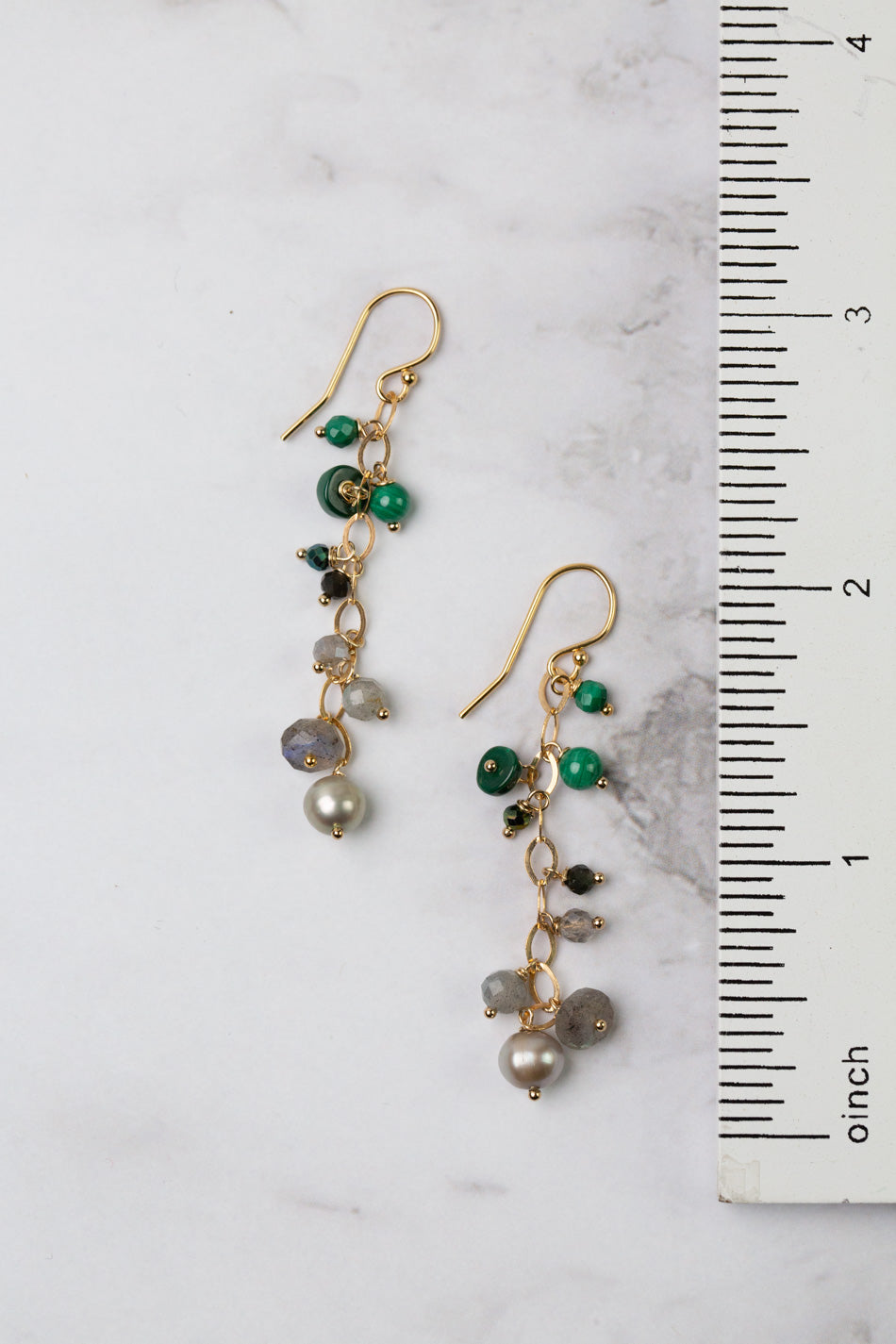 Verdant Malachite, Labradorite, Freshwater Pearl Cluster Earrings
