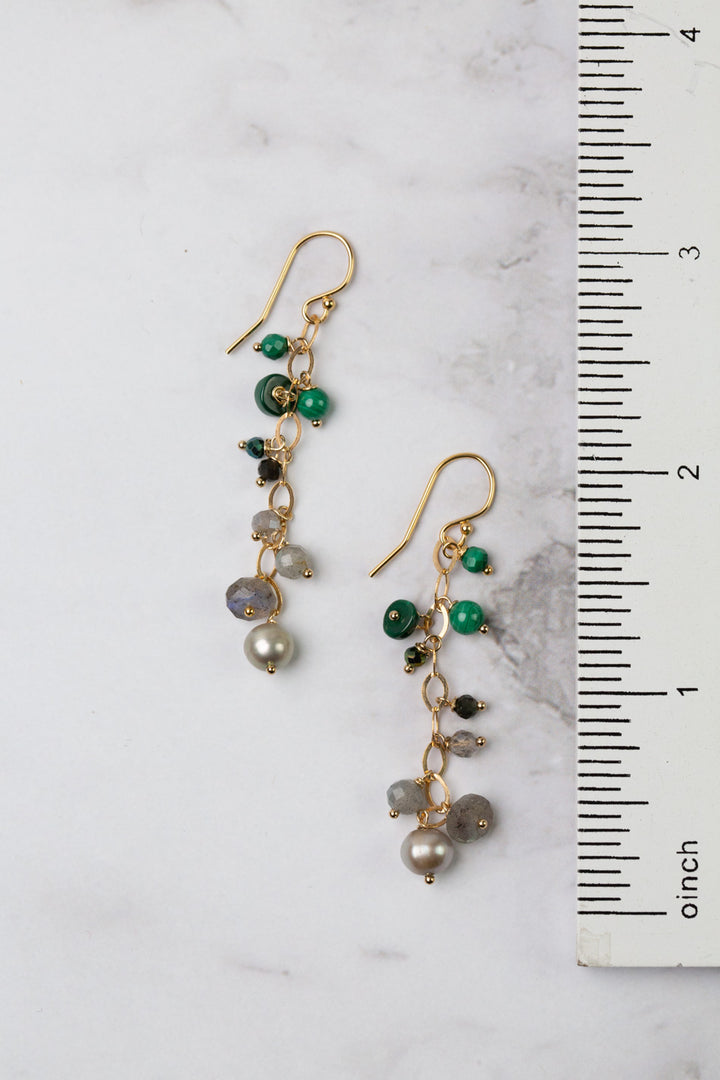 Verdant Malachite, Labradorite, Freshwater Pearl Cluster Earrings