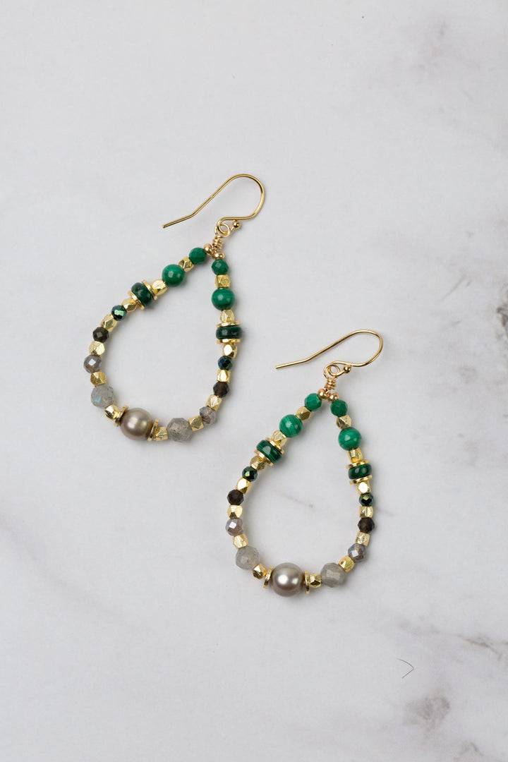 Verdant Malachite, Labradorite, Freshwater Pearl Hoop Earrings