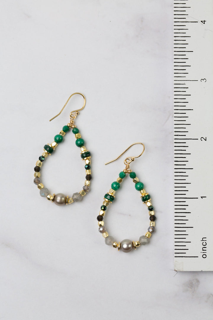 Verdant Malachite, Labradorite, Freshwater Pearl Hoop Earrings
