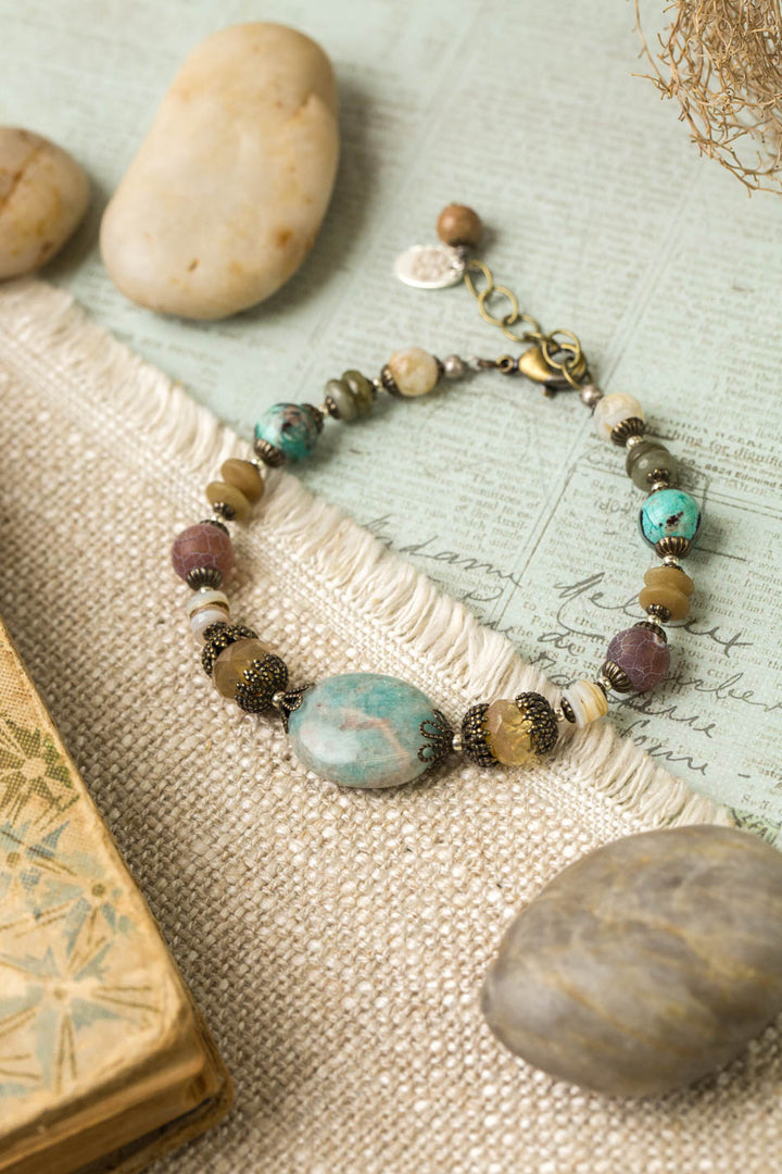 Wisdom Within 7.5-8.5" Czech Glass, Agate, Shell With Jasper Collage Bracelet