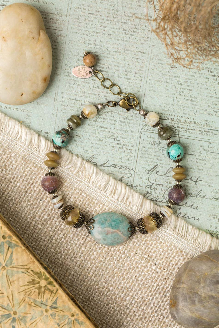 Wisdom Within 7.5-8.5" Czech Glass, Agate, Shell With Jasper Collage Bracelet