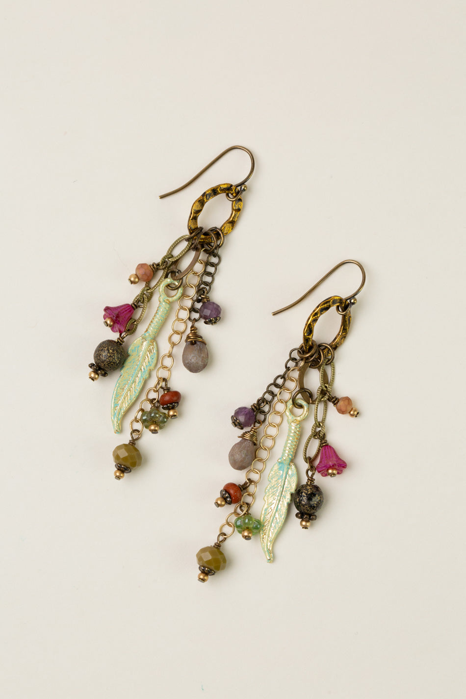 Wildflower Czech Glass And Patina Feather Cluster Earrings