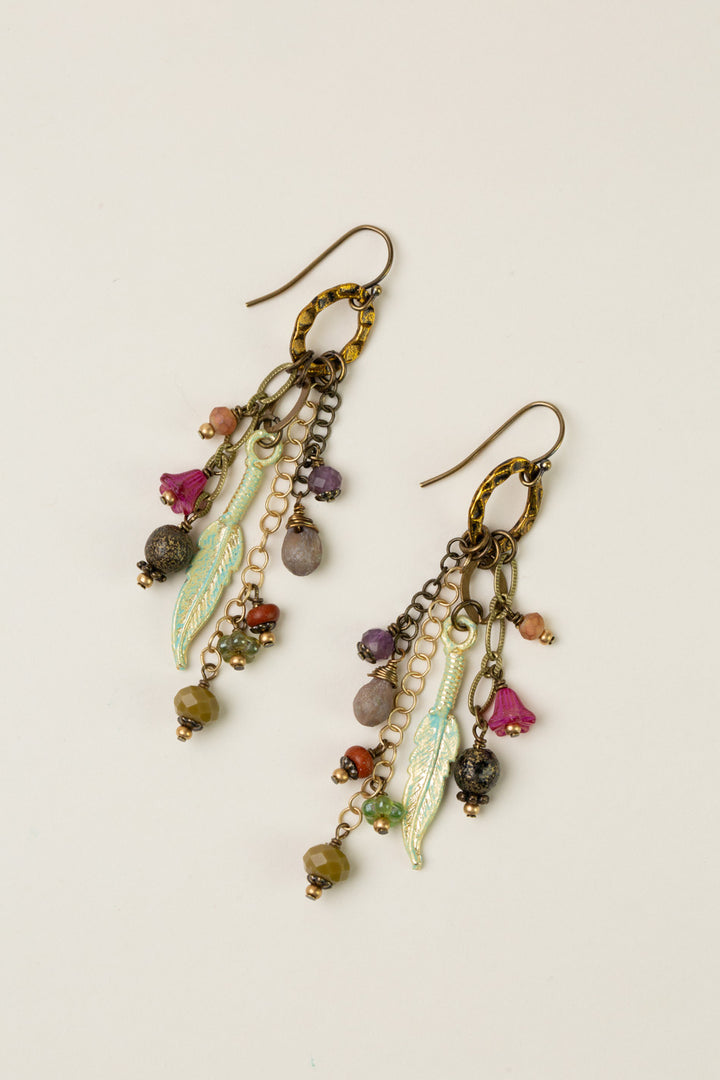 Wildflower Czech Glass And Patina Feather Cluster Earrings