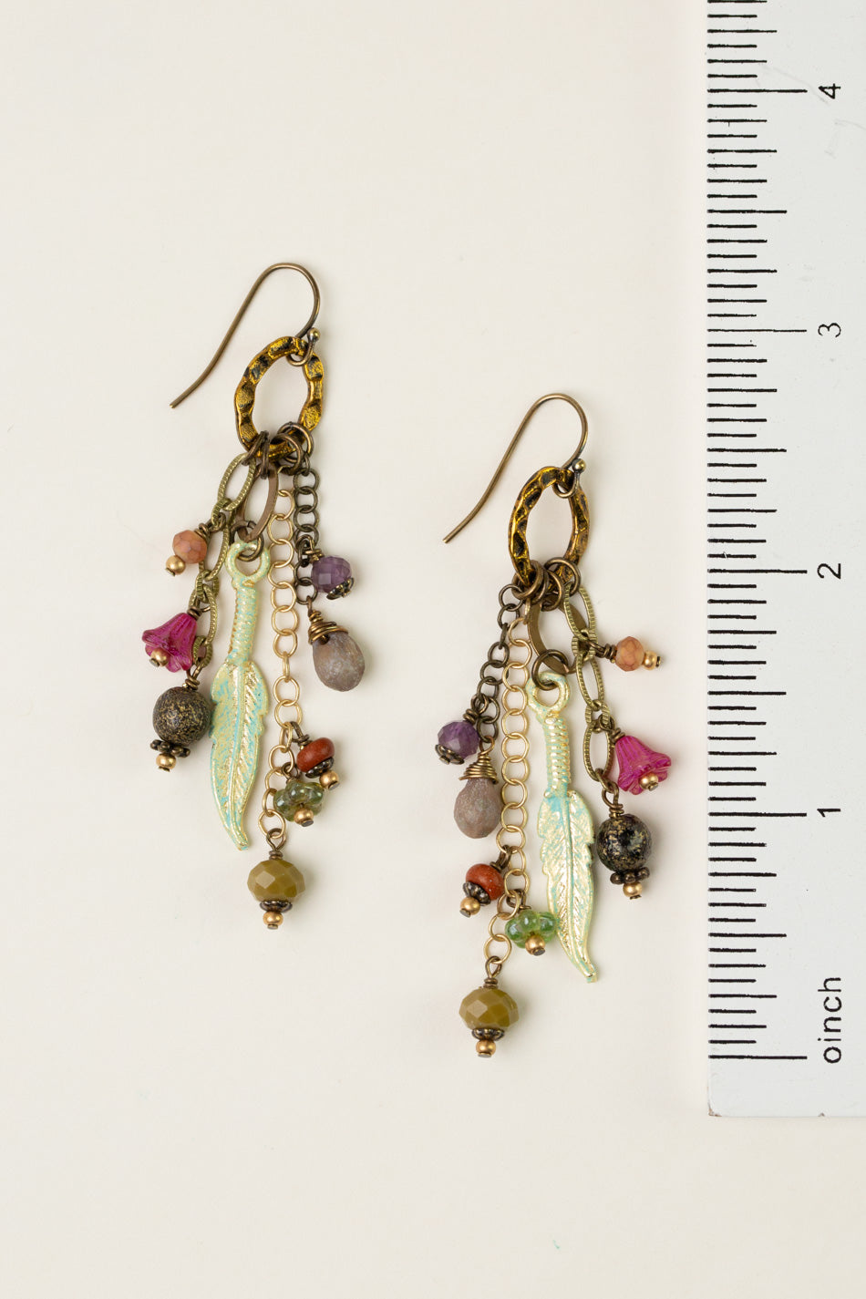 Wildflower Czech Glass And Patina Feather Cluster Earrings