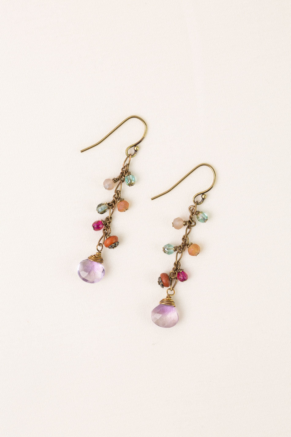 Wildflower Czech Glass, Wood With Faceted Amethyst Ovals Dangle Earrings