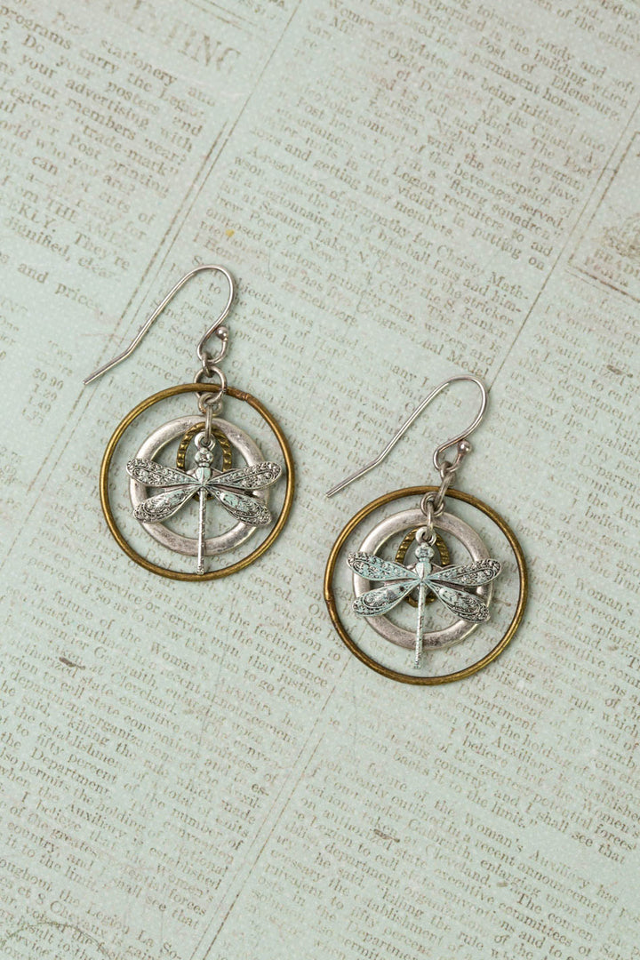 Wisdom Within Patina Antique Silver Dragonfly Hoop Earrings