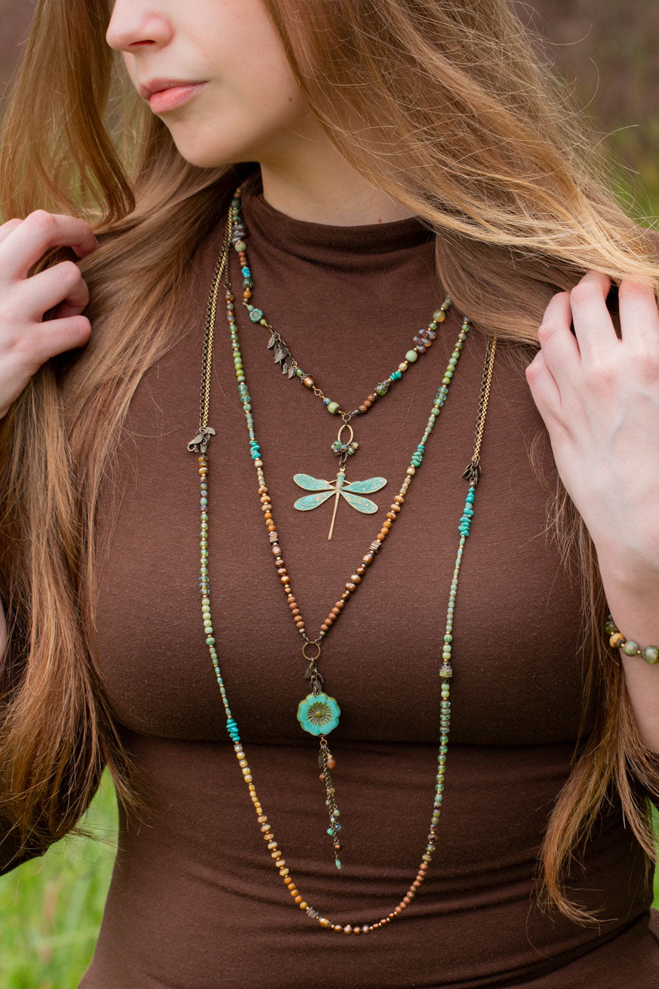 Rustic Creek 20.25-22.25" Freshwater Pearl, Turquoise, Czech Glass With Dragonfly Necklace