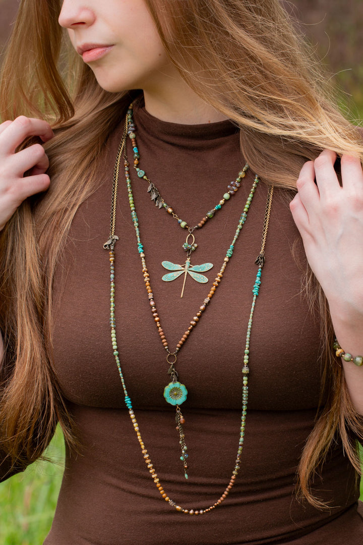 Rustic Creek 20.25-22.25" Freshwater Pearl, Turquoise, Czech Glass With Dragonfly Necklace