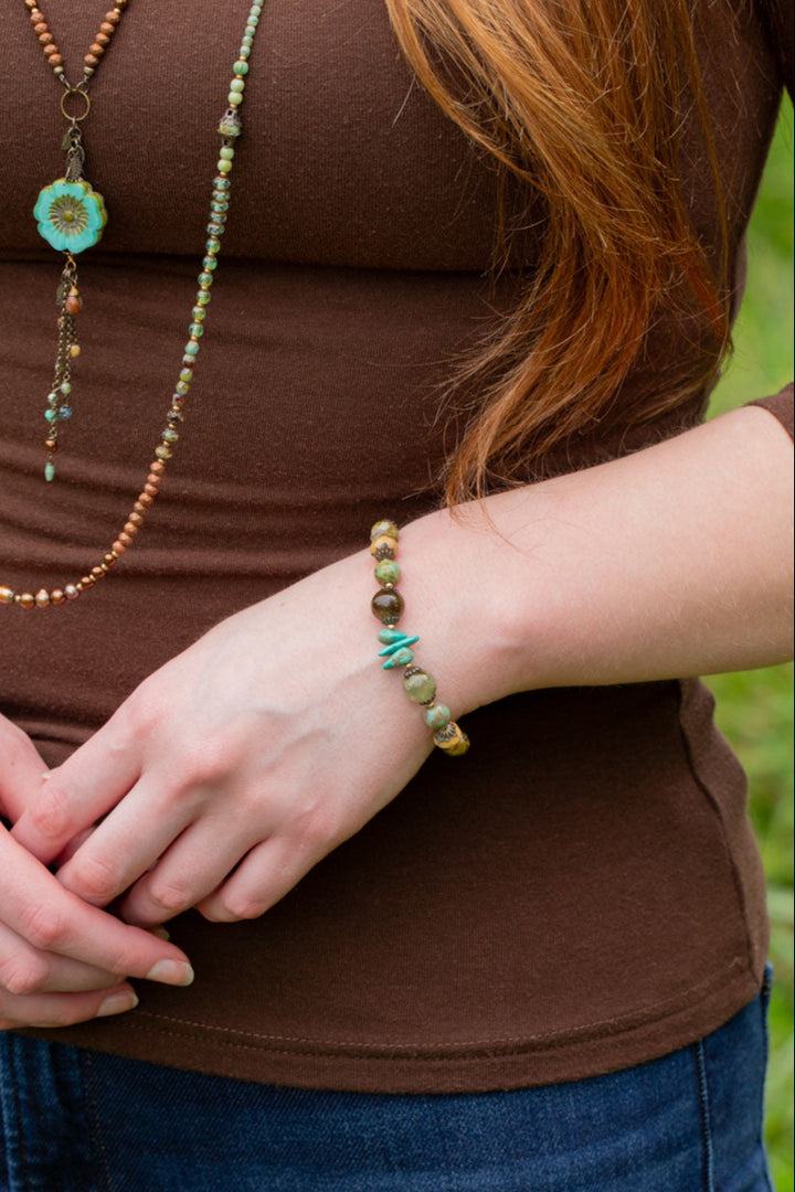 Rustic Creek 7.5-8.5" Czech Glass, Turquoise, Jasper Collage Bracelet
