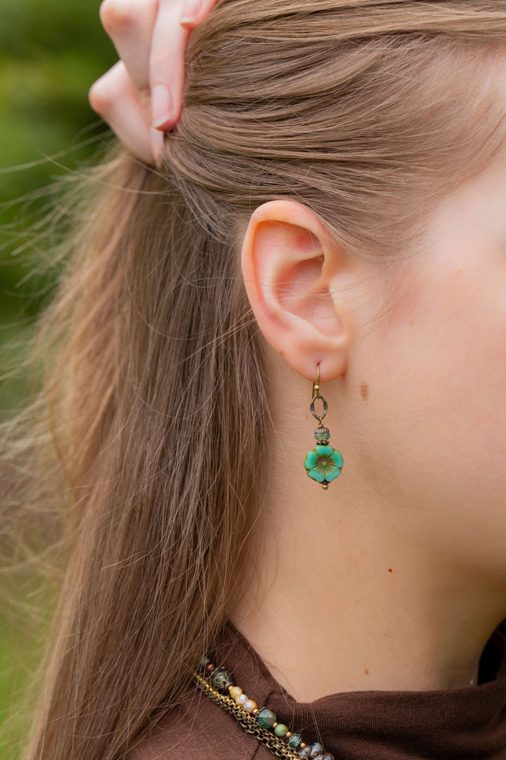 Rustic Creek Simple Czech Glass Flower Dangle Earrings