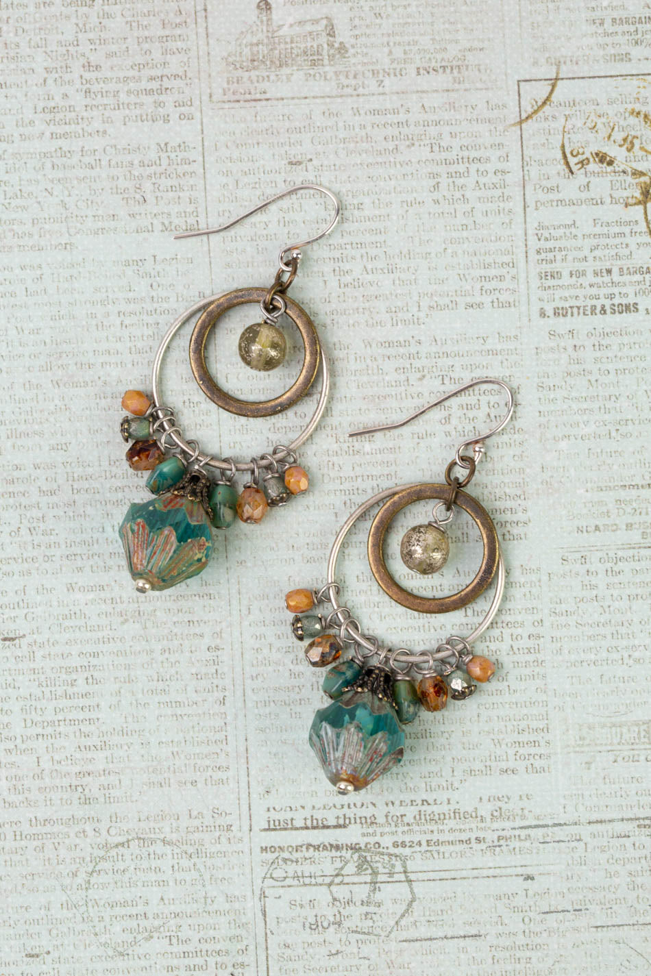 Wisdom Within Turquoise Blue Czech Glass Flower With Antique Gold Etching Cluster Earrings