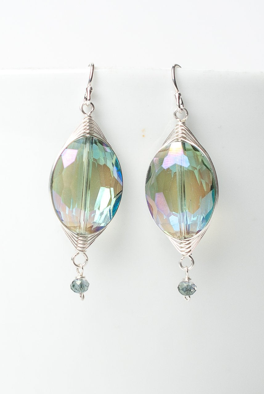 Herringbone Blue Green Oval Dangle Earrings