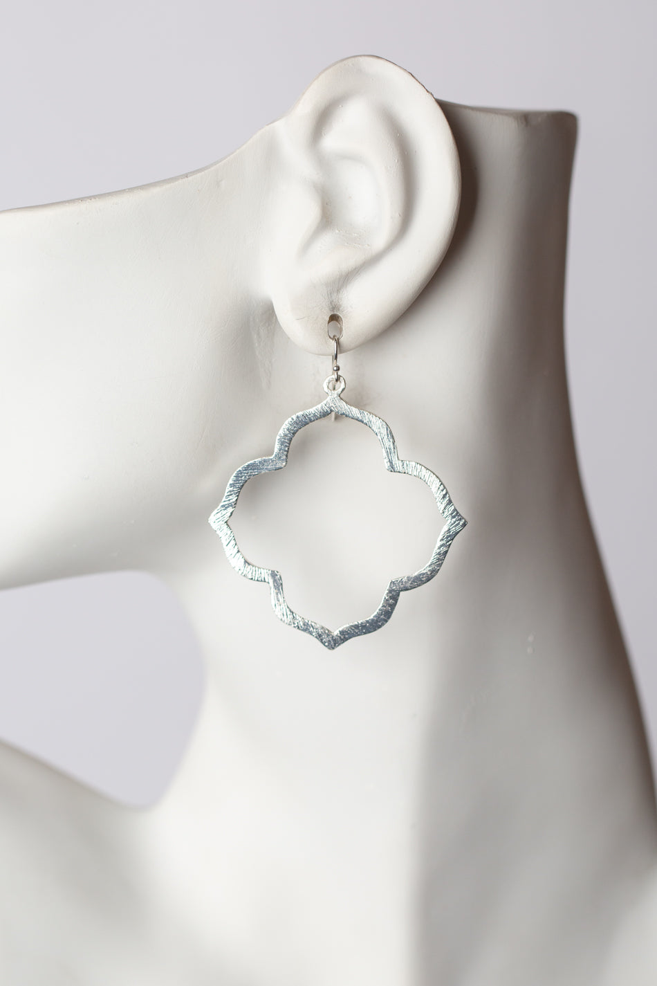 Brushed Silver Medium Quatrefoil Statement Earrings
