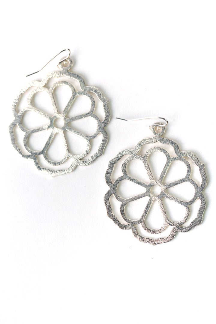 Brushed Silver Flower Statement Earrings